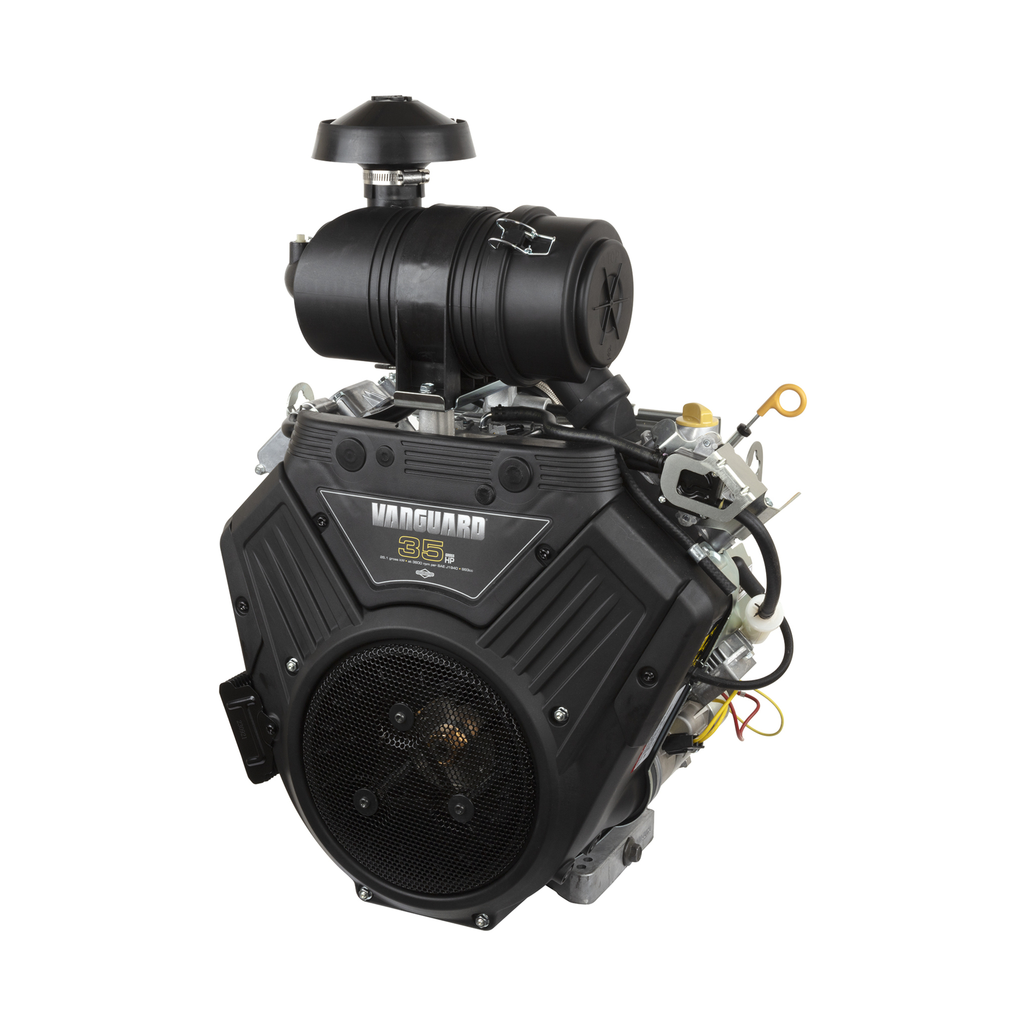 35.0 GHP Vanguard Horizontal Shaft Engine, 993cc, 1-1/8" x 4” Crankshaft, Tapped 7/16-20, 1/4" Keyway, 12V Electric Start, 20A Alternator, Cyclonic Filtration, Model# 613477-0268-J1